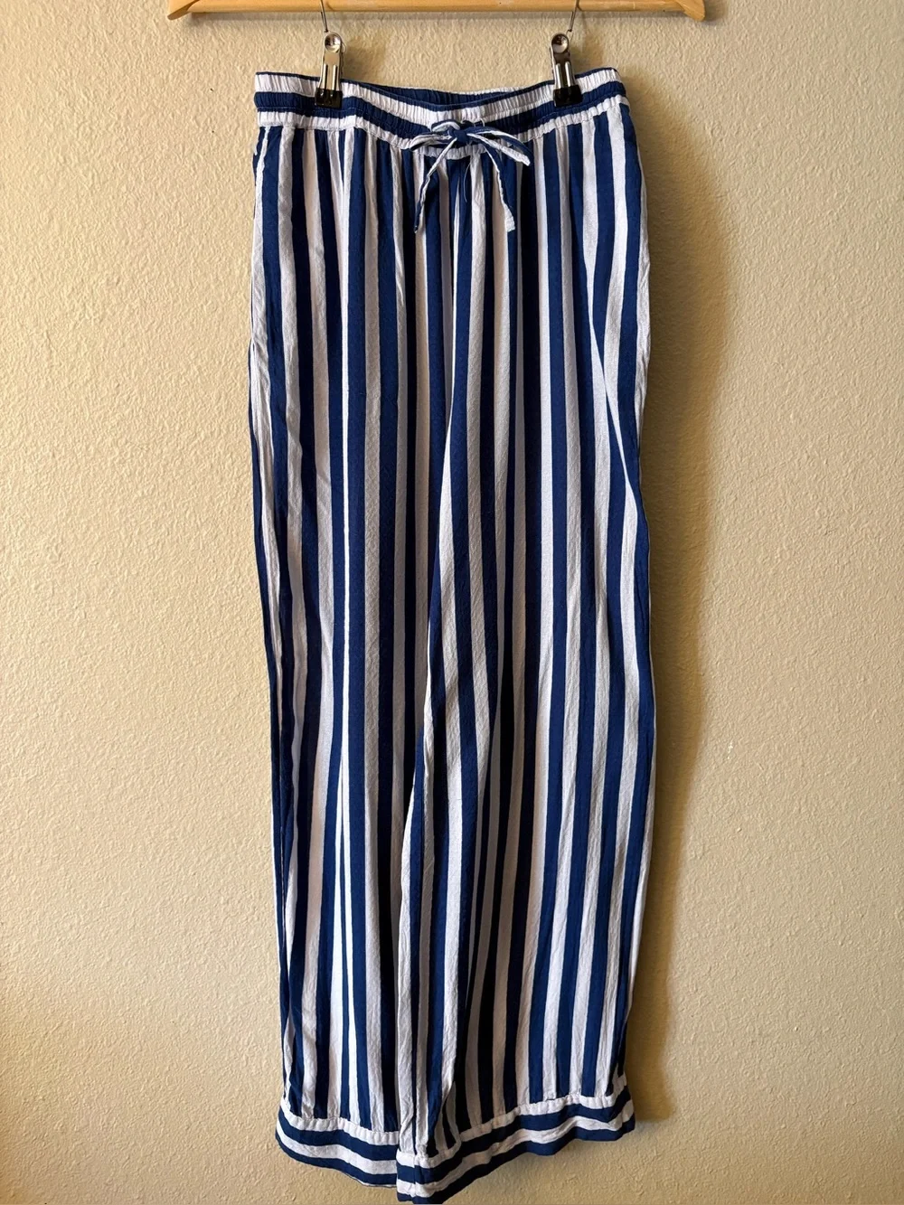 Free People Striped Wide Leg Pants XS Navy White Drawstring Coastal